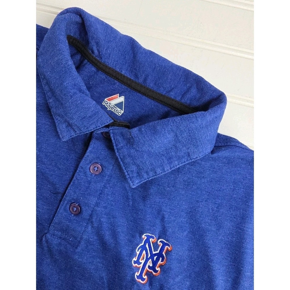 Majestic NY Mets Polo Shirt Mens‎ LARGE Blue Orange MLB Team Logo Short Sleeve